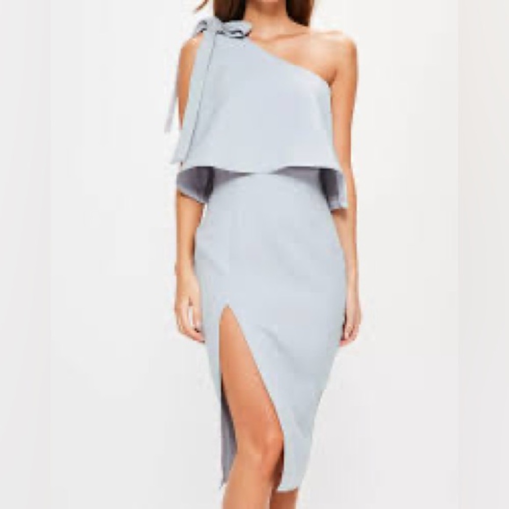 Missguided Grey Crepe One Shoulder Bow Sleeve Midi Dress